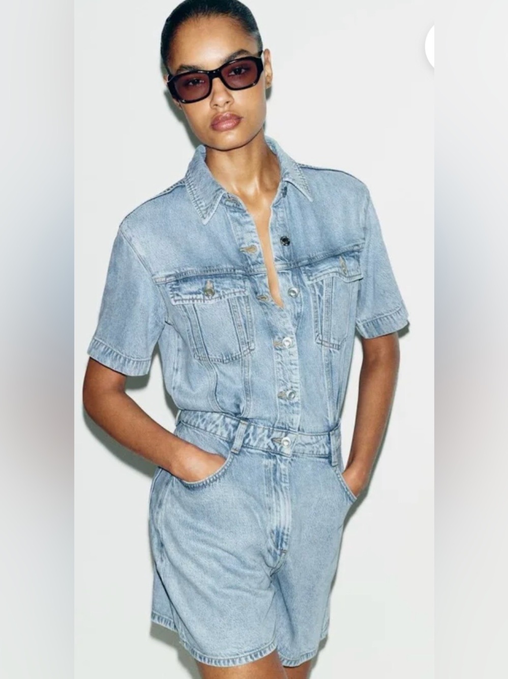 Zara Light Wash Denim Short-Sleeve Jumpsuit